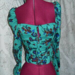NWT Free People XS Green Floral L/S Crop Top Smocking in Back
